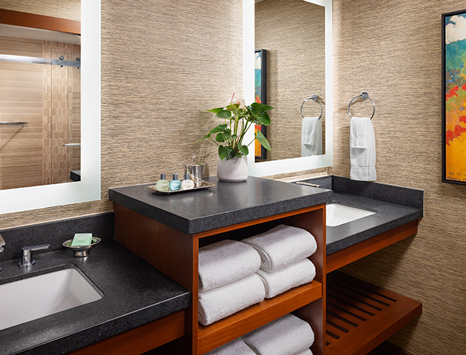 Recently renovated bathroom of the bayfront room at the Catamaran Resort Hotel and Spa in San Diego
